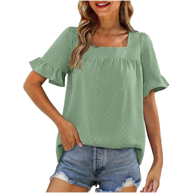 Blusas y blusas para mujer Elegantes camisas de verano con mangas con volantes y cuello cuadrado Blusas con lazo en la espalda OAVQHLG3B Store lin121212