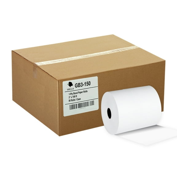 Gorilla Supply 3 x 150 1-Ply Bond Receipt Paper Rolls, BPA Free GB3-150, White, 50 Rolls