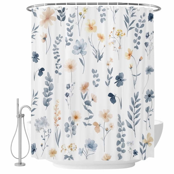 Polyester Fabric Blue Yellow Spring Floral Shower Curtain, Watercolor Botanical Flowers Waterproof Bathtub Curtain Bathroom Decor Set with Hooks 66 x 72 Inches