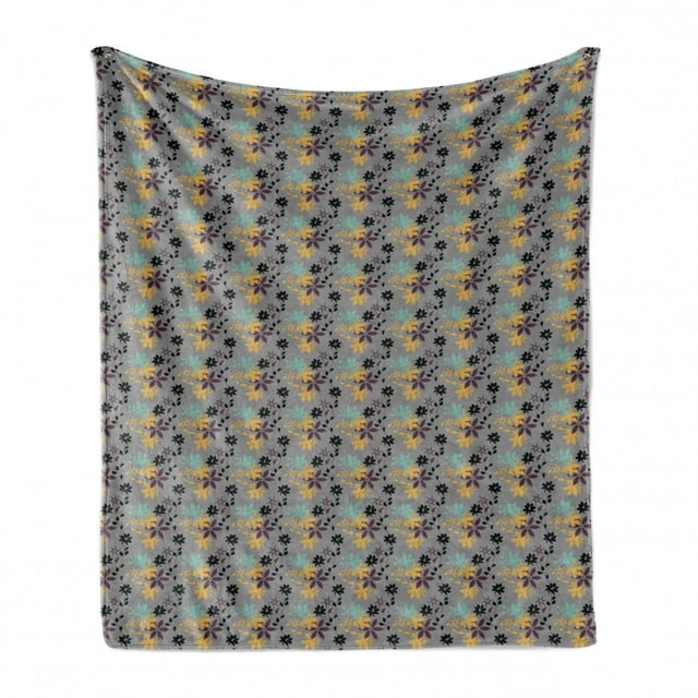Floral Soft Flannel Fleece Throw Blanket, Design Print of Flower Petal and Autumn Leaves on Dark Background, Cozy Plush for Indoor and Outdoor Use, 60" x 80", Multicolor, by Ambesonne