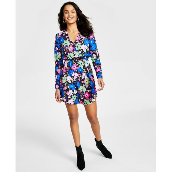 Women's Printed Long-Sleeve Mini Dress Feathered Floral XL