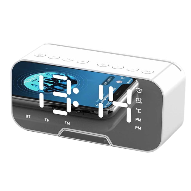 Espejo Altavoz Bluetooth inalámbrico Radio FM Altavoz con tarjeta enchufable Regalo innovador Reloj despertador Altavoz para estudiantes Blanco