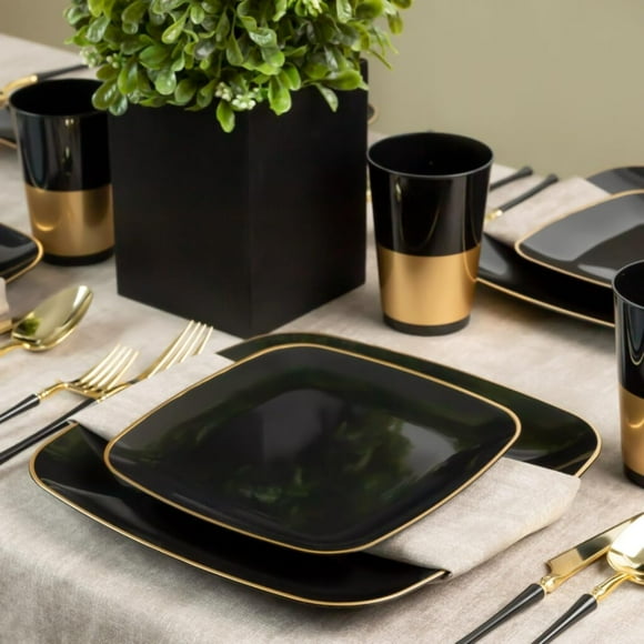 Blue Sky Organic AJH3Black Disposable Plates 6" Square (10 Count) | Gold-Rimmed Plastic Dinnerware Party Essentials