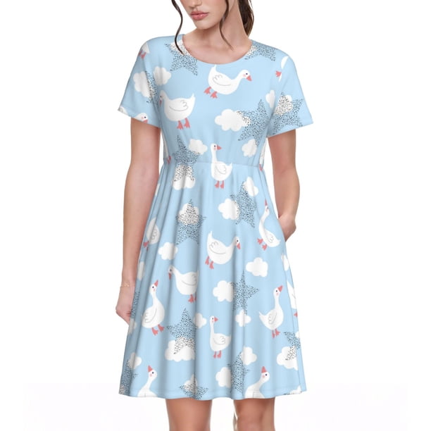 Balery Cute Goose On A Blue Sky Vestidos sueltos de manga corta para mujer, vestidos de verano 2025, vestidos casuales de corte A con vuelo.