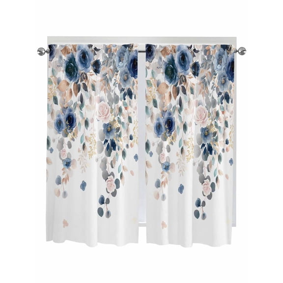 Navy Blue Flowers Living Room Curtains 2 Panel, Spring Floral Elegant Pastoral Watercolor Cafe Window Treatment, Extra Long Farmhouse Bedroom Bathroom Kitchen Curtains Drapes 104"x72"