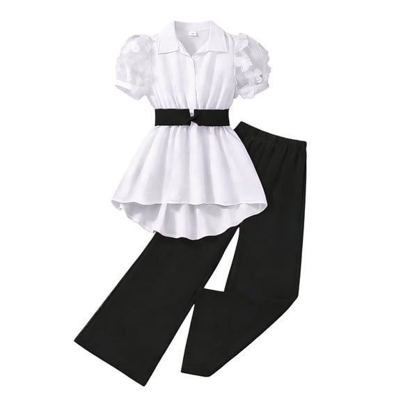 Tiijoy Big Girls Outfits Elegant Summer Lace Short Sleeve Shirt Pants Set, Sizes 9-10