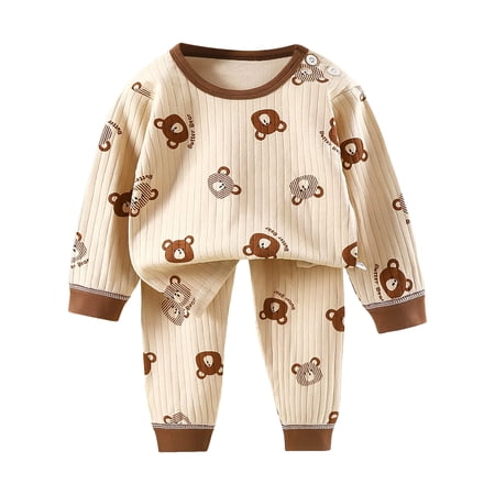 NOEGOEU Baby Toddler Boys Girls Pajamas Soft Long Sleeve Crewneck Tops Pants Kids Cotton Cute Pjs Sets (Khaki 3-4 Years)