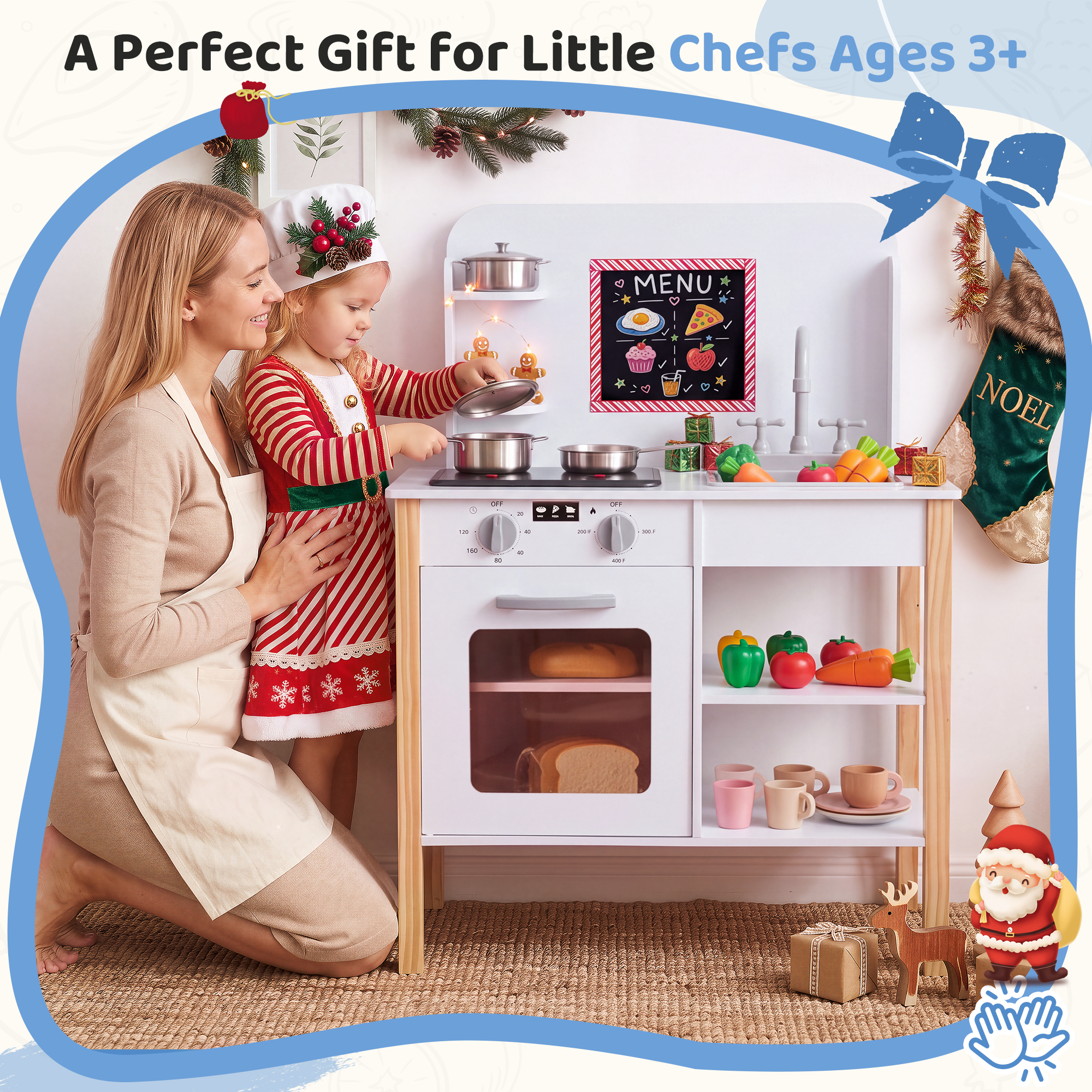 Yexmas Wooden Play Kitchen with Chalkboard and Accessories photo 2