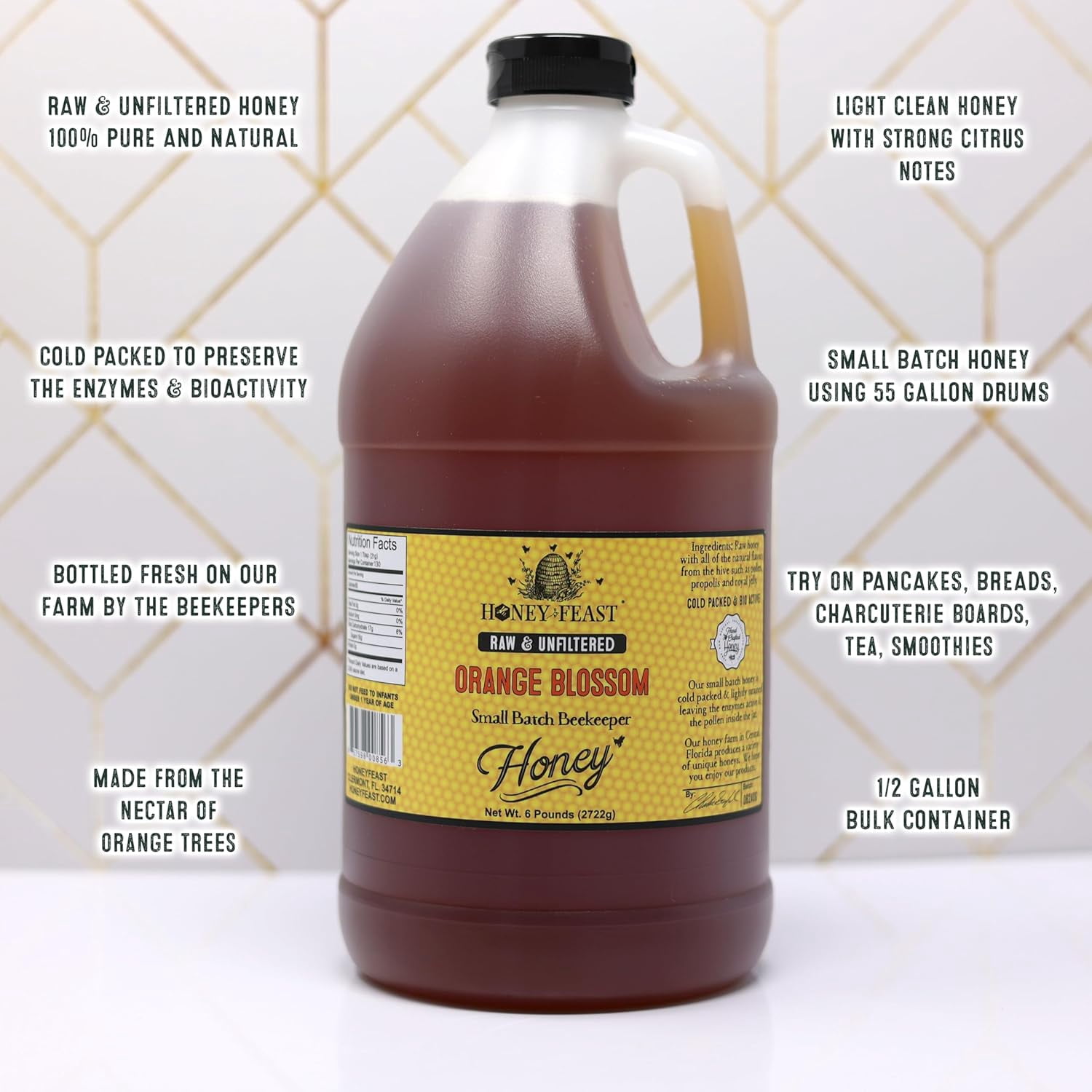 HONEY FEAST 6 Pounds Raw Orange Blossom Honey - All Natural, Unfiltered, Unheated, From Oranges, Perfect for Sweetening & Baking