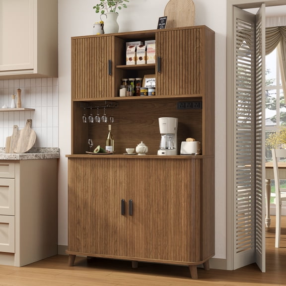 Laintene 71" Pantry Storage Cabinet with Charging Station, Tall Kitchen Pantry with Adjustable Shelves and Sliding Tambour Doors, Standing Bar Cabinet with Wine Rack for Dining Living Room, Walnut