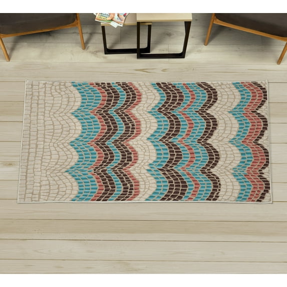 Tiles Decorative Rug, Gradient Colored Mosaic Waves Setting Antique Roman Royal Dated Retro Patterns, Quality Carpet for Bedroom Dorm and Living Room, 6 Sizes, Turquoise Brown, by Ambesonne