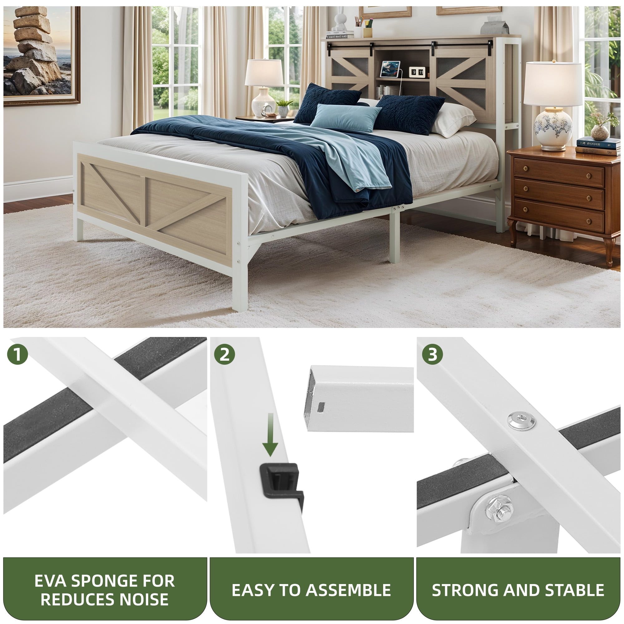 Uforic Oak Queen Size Bed Frame with Steel Mesh barn Door, Charging & Storage, Platform Bed in Modern Rustic Design