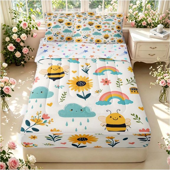 Erosebridal Cartoon Bee Zipper Twin Comforter Sets with Fitted Sheet and 2 Pillowcases,White Blue,Colorful Stars Reversible,4pcs