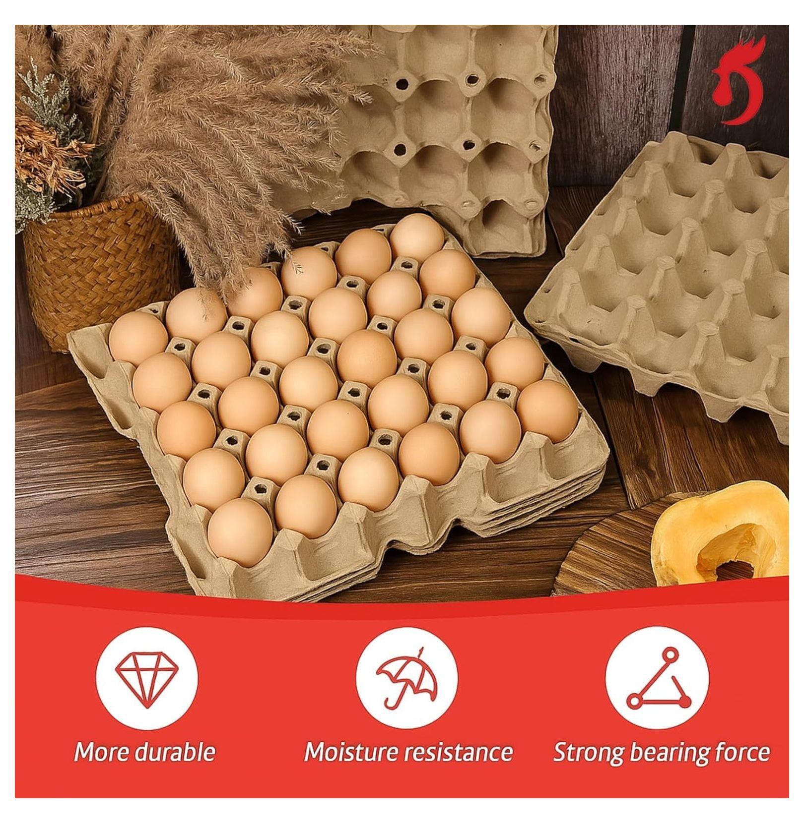 Egg Cartons 130 Pack - 30 Cell Pulp Fiber Flats, Stackable Cardboard Egg Crates for Chicken Eggs, Farm Fresh Storage & Transport