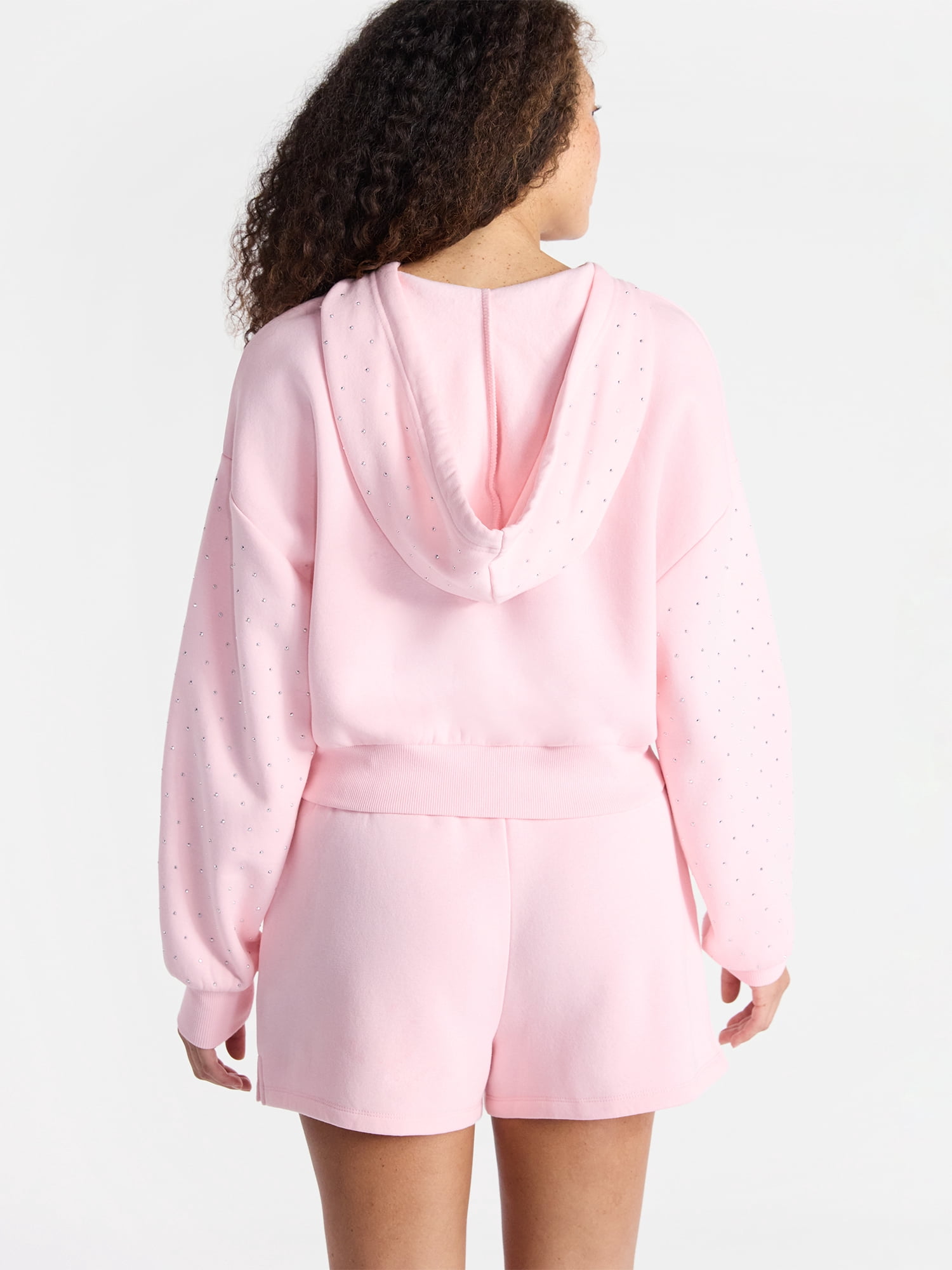No Boundaries Faux Rhinestone Cropped Hoodie and Shorts Set, 2-Piece, Women’s