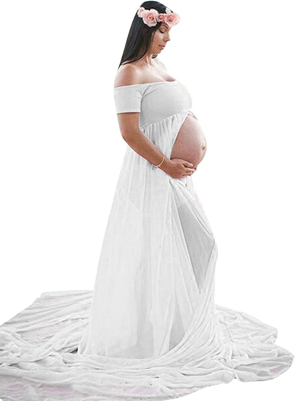 Justvh Maternity Off Shoulder Chiffon Gown For Photography Split Front Maxi Pregnancy Dress For
