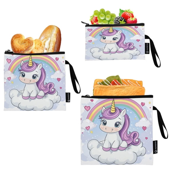Reusable Food Storage Bags with Eco-Friendly EVA Lining Lunch Bag for Lunch, Travel & Organization Cartoon Unicorn Sitting on A Cloud