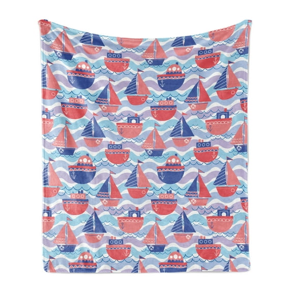Maritime Soft Flannel Fleece Throw Blanket, Continuous Sailing Boats Waves Anchor Sea Theme Illustration, Cozy Plush for Indoor and Outdoor Use, 50" x 70", Pink Ceil Blue, by Ambesonne