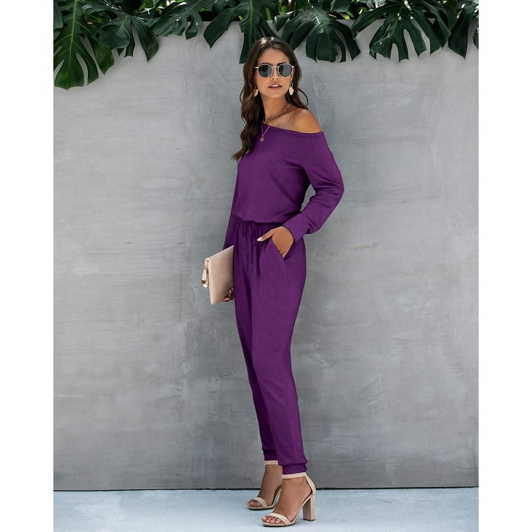 MLANM Women Long Sleeve Casual Off Shoulder Jumpsuit Elastic Waist Stretchy Long Romper with Pockets M Purple