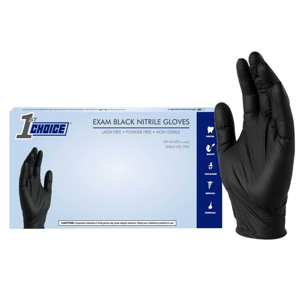 1st Choice Nitrile, Latex Free, Powder Free, Medical Disposable Gloves, Large, Black, 100/Box