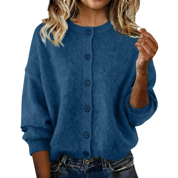 ZUKMRJPC Women's Casual Crewneck Cardigan Sweaters Long Sleeve Soft Cozy Knitted Cardigan Fall Fashion Loose Button Down Sweater