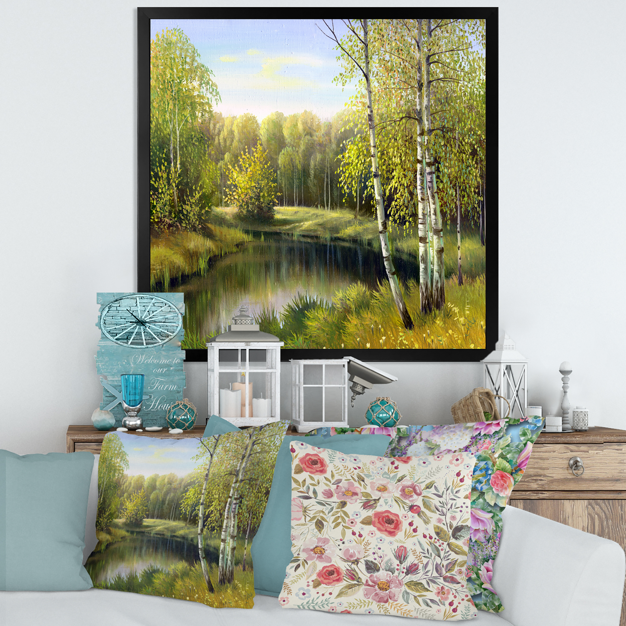 Designart 'The River In Silent Green Nature Through Birches' Traditional Framed Art Print