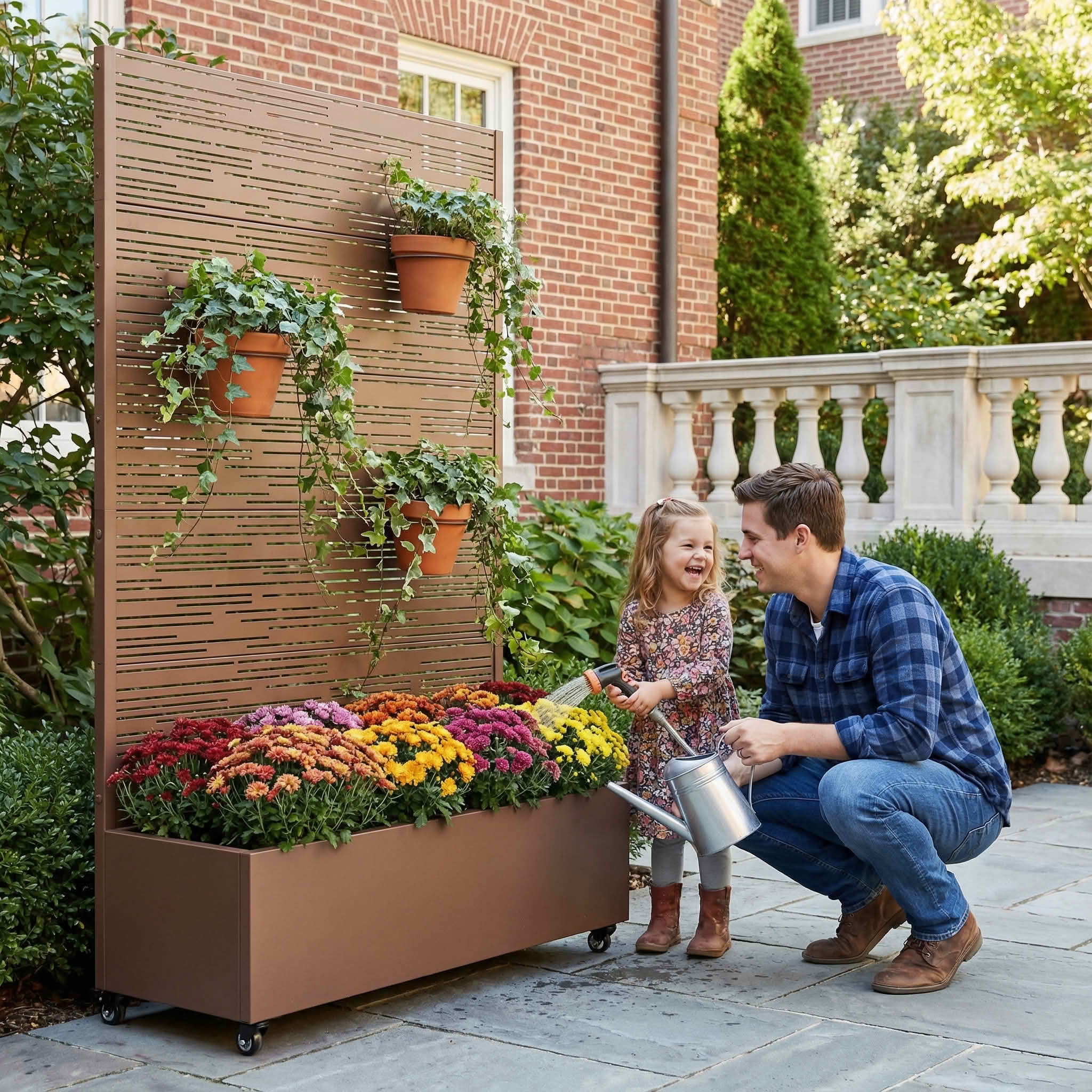 MAYEERTY 72X47" Metal Outdoor Brown Privacy Screen with Planter Box for Backyard & Garden, 5 Piece Set