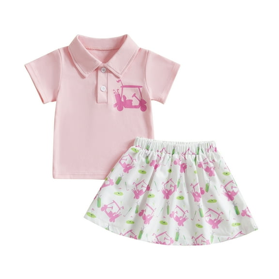 Okbabeha  Toddler Baby Girl Golf Outfit Short Sleeve Polo T Shirt Golf Print Mini Skirt Set 2Pcs Clothes