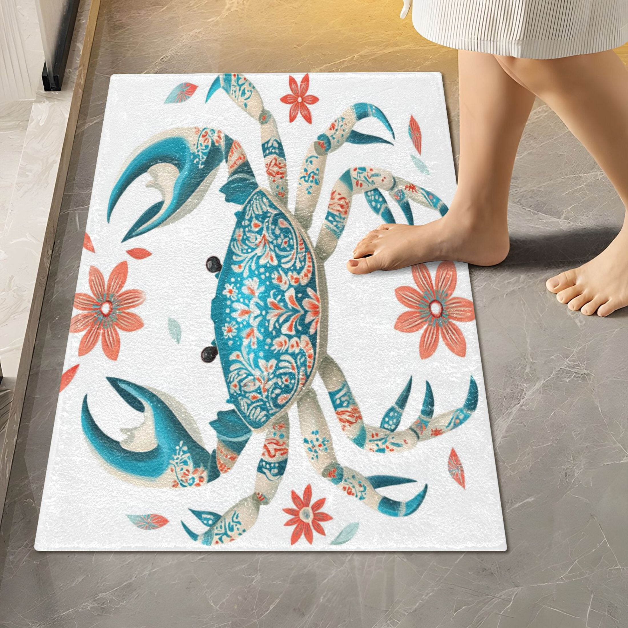 2 Piece Soft Bathroom Rug Set Colorful Blue Crab Bath Mat and U-Shaped Toilet Contour Rug (16"x24"+20"x24")