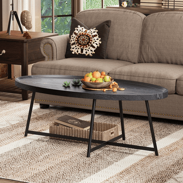 Oval Wood Coffee Table Center Table With Metal Leg