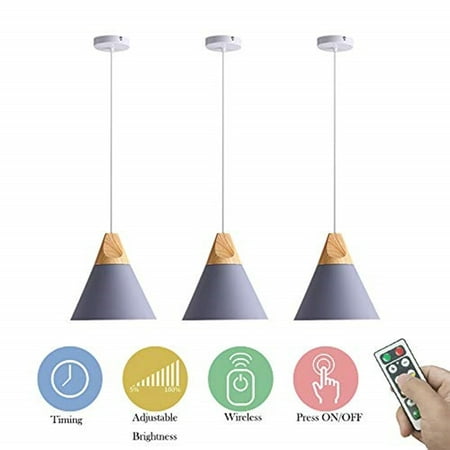 

FSLiving 3-Lights 100 Lumens Multi-Function Led No Cord Remote Control Battery Run Indoor Outdoor Wood Metal Grey Pendant Light for Aisle Laundry-Easy Installation Dimmable Battery Not Included