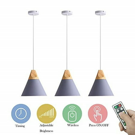 

FSLiving 3-Lights 100 Lumens Multi-Function Led No Cord Remote Control Battery Run Indoor Outdoor Wood Metal Grey Pendant Light for Aisle Laundry-Easy Installation Dimmable Battery Not Included