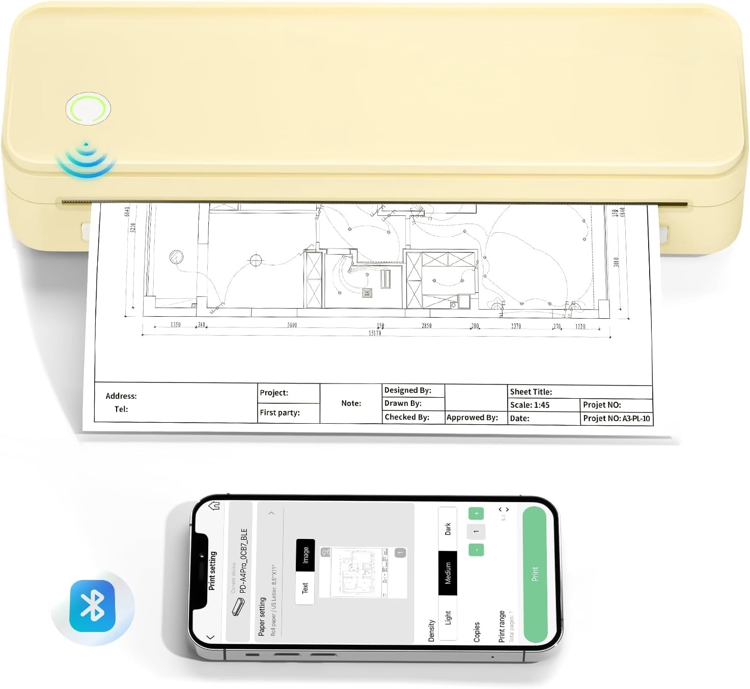 Portable Printers Wireless for Travel, Thermal Inkless Printer, Support 8.5" X 11" Thermal Paper(Yellow)