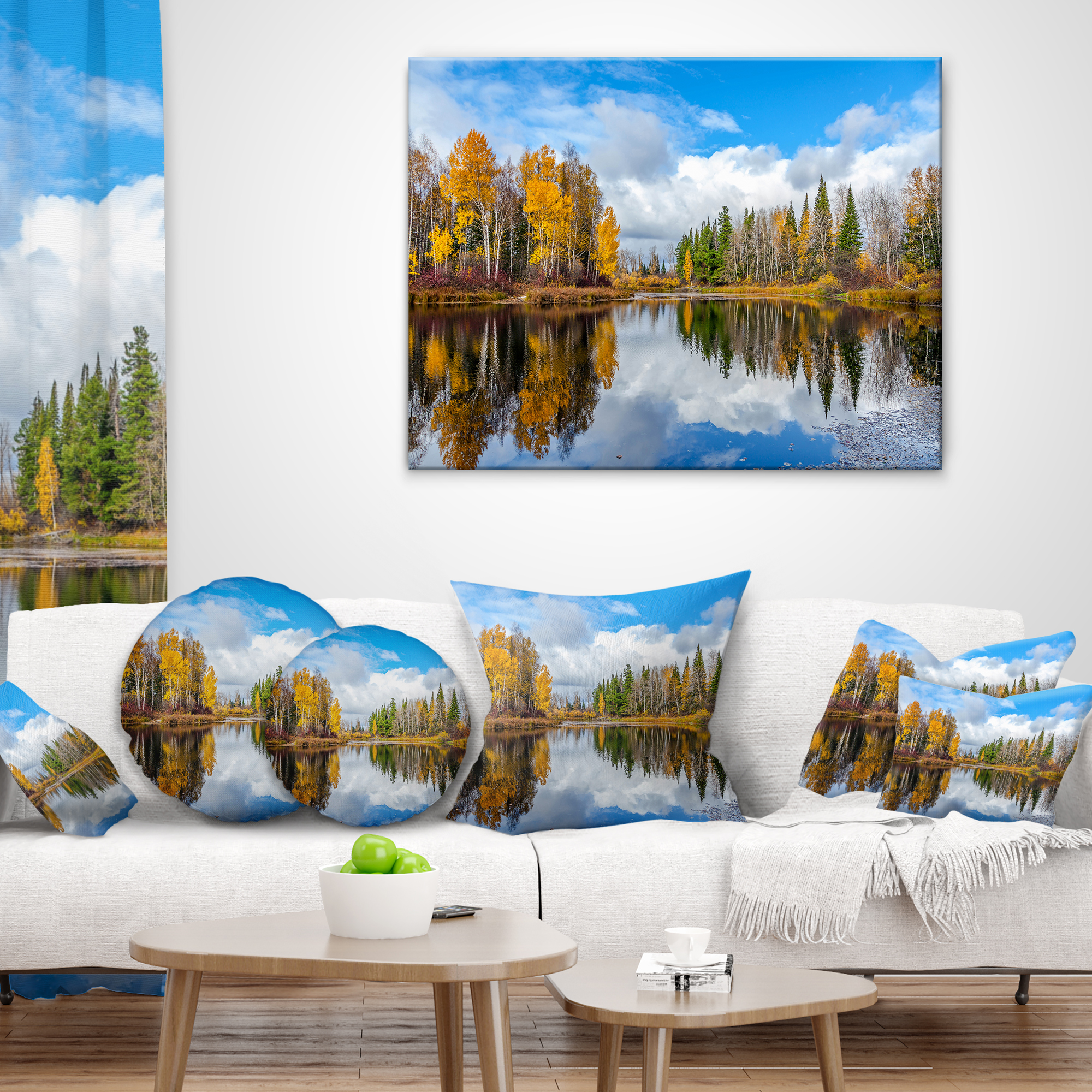 Designart Nice Autumn Trees With Forest Lake - Landscape Printed Throw Pillow - 16x16
