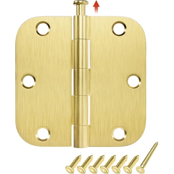 Door Hinges Brushed Brass 3.5 Inch with 5/8" Radius Corners Rounded Satin Brass Interior Door Hinges 3 1/2" Gold Door Hinge for Door Heavy Duty Door Hardware, 3 Pack
