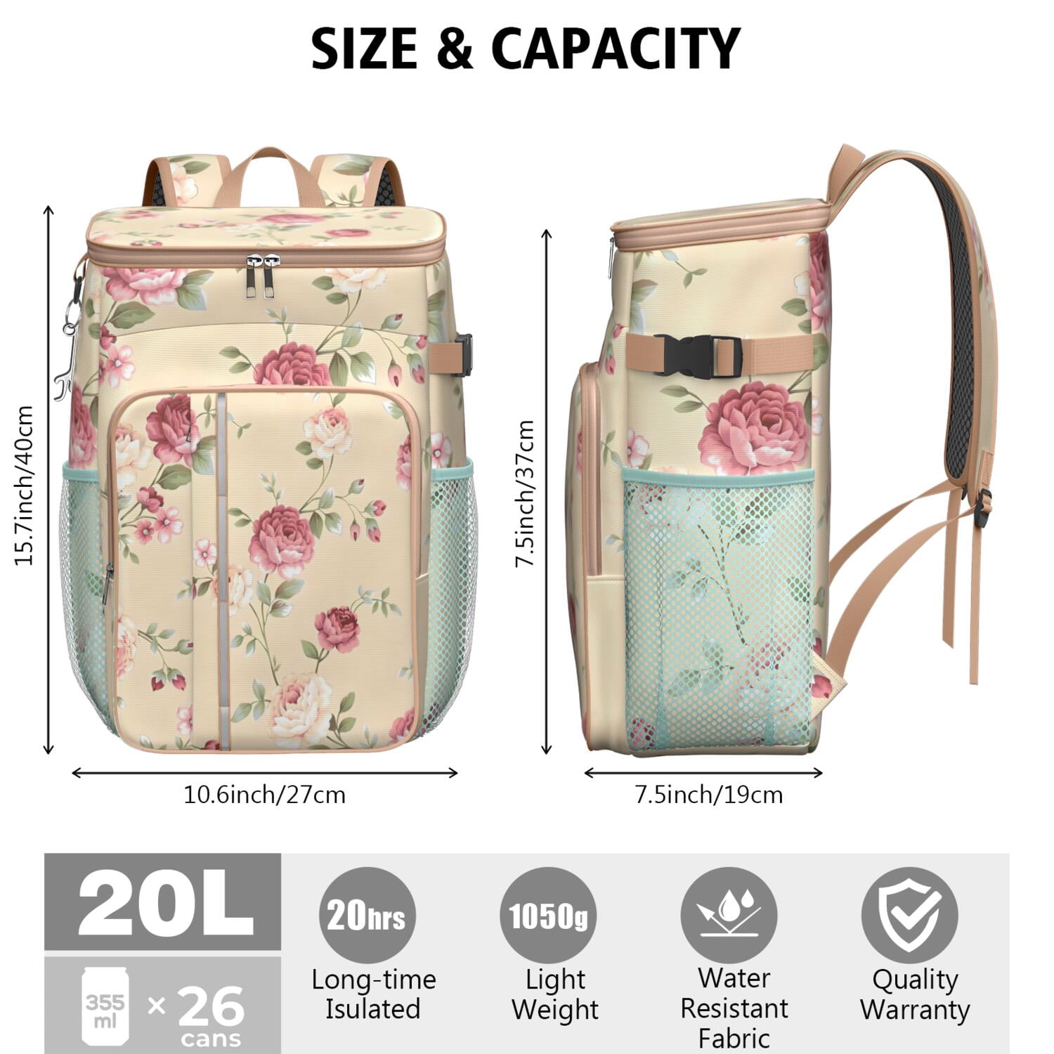 Travel Cooler Bag - Pioneer Flower Floral Print Pattern Camping Beer Cooler Backpack with Bottle Opener- Waterproof Insulated Picnic Backpacks - Cooler Bag for Beach