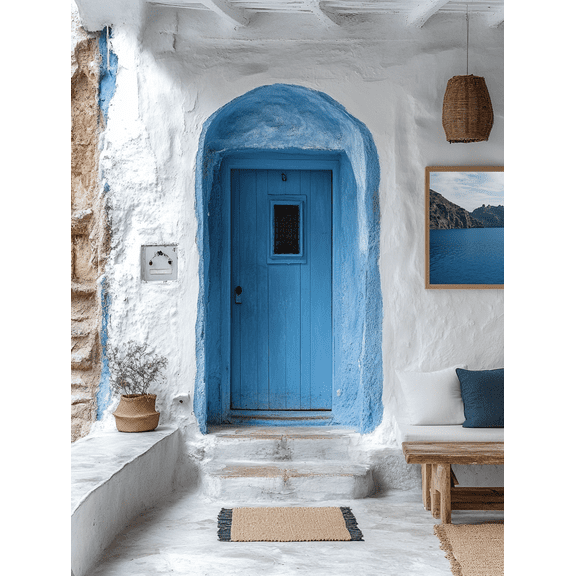 Mediterranean Coastal Blue Door Canvas Print/Wall Art, Perfect for Living Room,Hallway and Porch Decoration