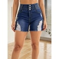 thumbnail image 2 of Women's High Waist Ripped Denim Shorts 3 Button Raw Hem Distressed Stretch for Casual Summer Dark Blue, 2 of 7