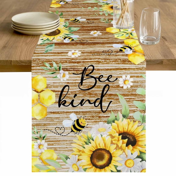 Sunflower Floral Table Runner 90 Inches Long Farmhouse Dress Scarves, Farmhouse Pastoral Daisy Bees Brown Wood Dining Tablerunner for Coffee Table/Kitchen Island/Party Décor, 13" x 90"