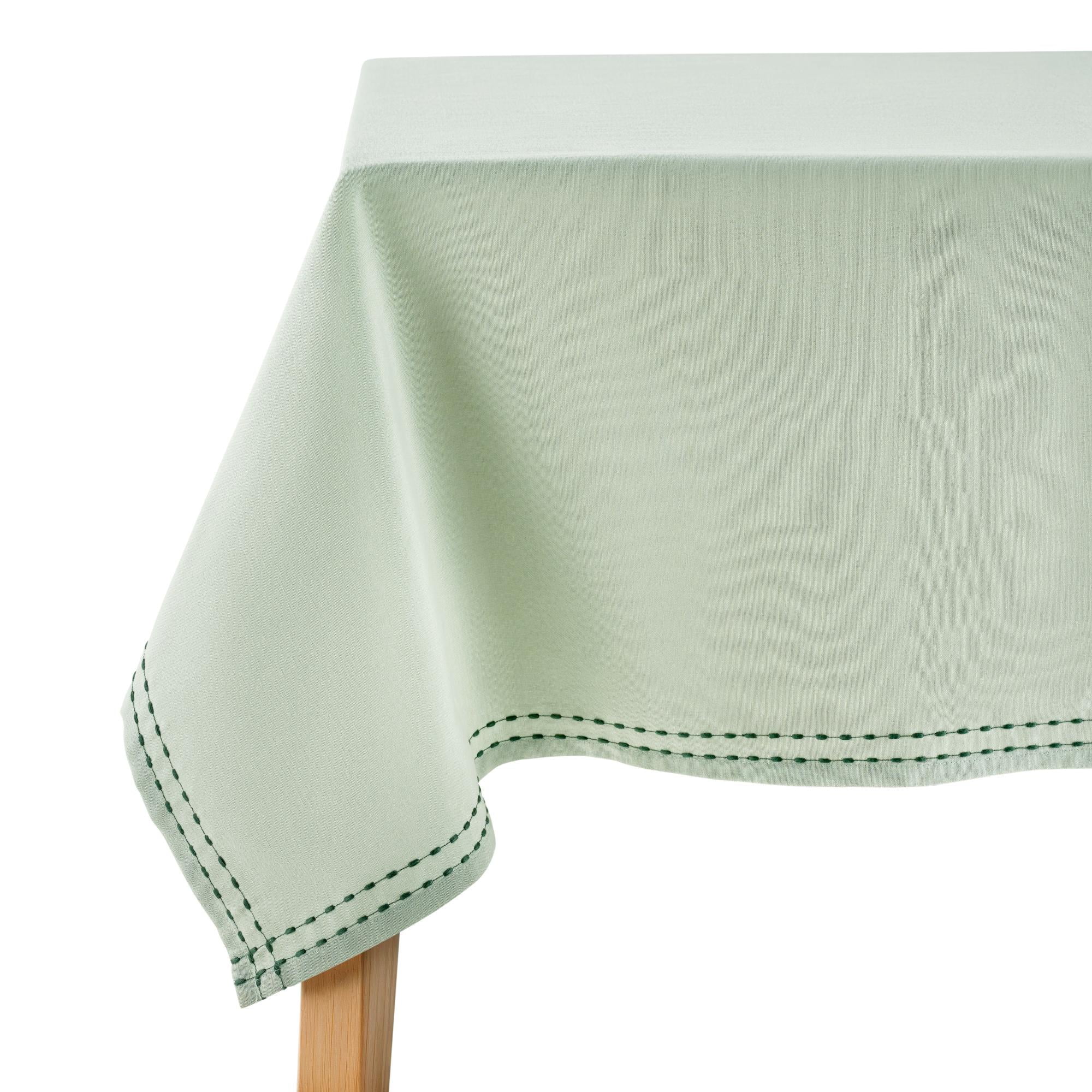 Beautiful Home by Drew Barrymore Solid Double Pop Stich Hem Fabric Tablecloth, Sage Green, 84"W x 60"L