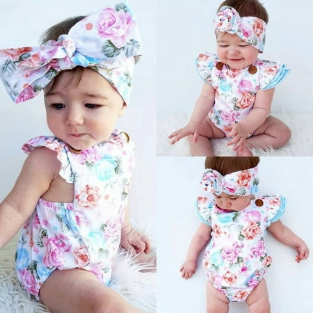 - Adorable Baby Girls Floral Romper Bodysuit One-pieces Summer Clothes Sunsuit Set