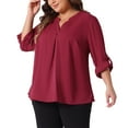 thumbnail image 2 of DARING DIVA Women's Plus V Neck Long Sleeve Rolled Up Sleeve Blouse 1X Burgundy, 2 of 6