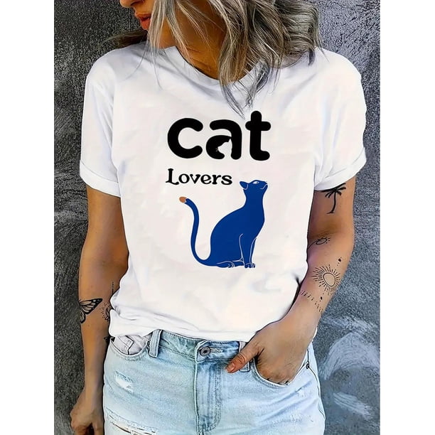Camiseta Ligera de verano para mujerCreative Cat Print T-Shirt, Casual Short Sleeve Crew Neck Polyester Tee, Women'S Fashion Trendy Sports Tops, Medium Stretch, 180g/㎡, All SeasonFather's Day, Mothe