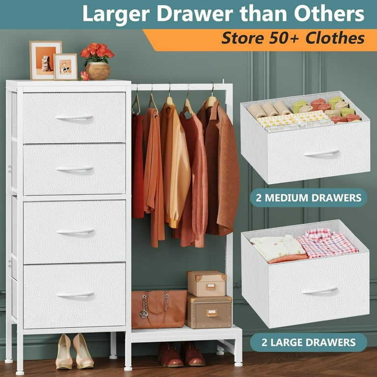 Dresser with Hanging Rack, 4 Drawers Small Closet for Bedroom, Reversible  Fabric Chest of Drawers with Clothes Rack, Tall Storage Tower, Sturdy  Frame, White, 44''H - Walmart.com