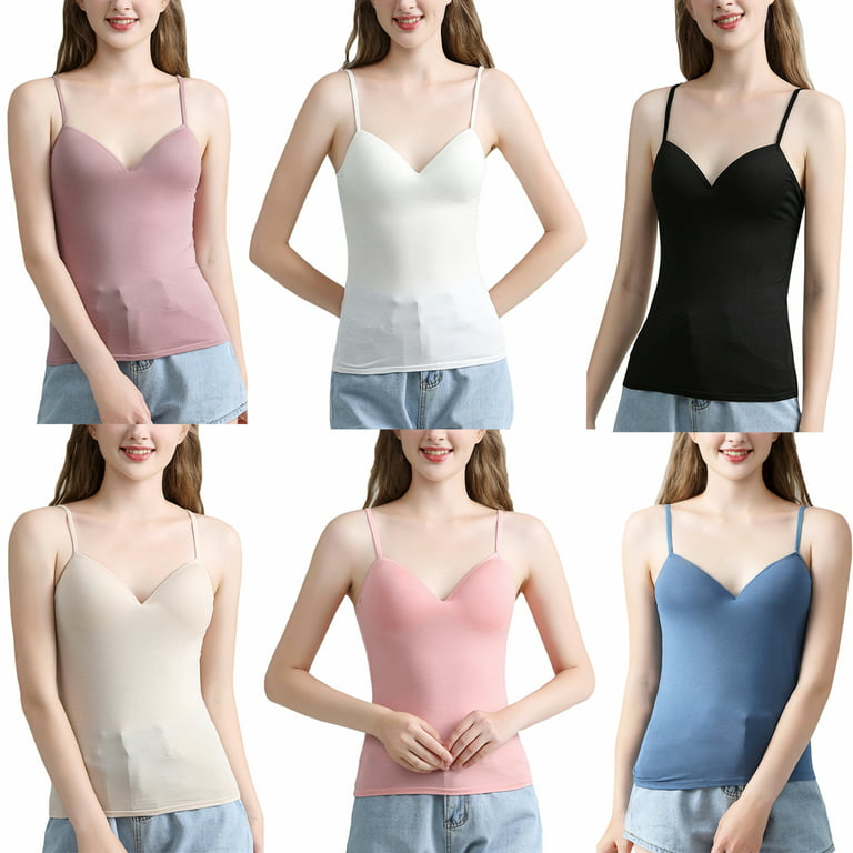 Vaslanda Tank Tops for Women Basic Camisole with Built in Bra Casual Wide  Strap Sleeveless Layer Top for Summer