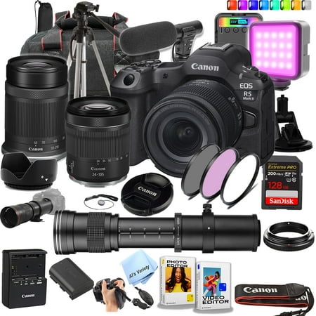 Canon EOS R5 Mark II Full-Frame Mirrorless Camera with 24-105mm & 55-210mm Lenses + 420-800mm Lens + 128GB Extreme Card + Case + Mic + RGB Light + Tripod + More (Content Creator Bundle)