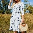 thumbnail image 4 of Navy Blue Floral Seamless Pattern Women's 3/4 Sleeve Dresses Elegant A-Line Midi Dress Flare Summer Casual Sundress, 4 of 9