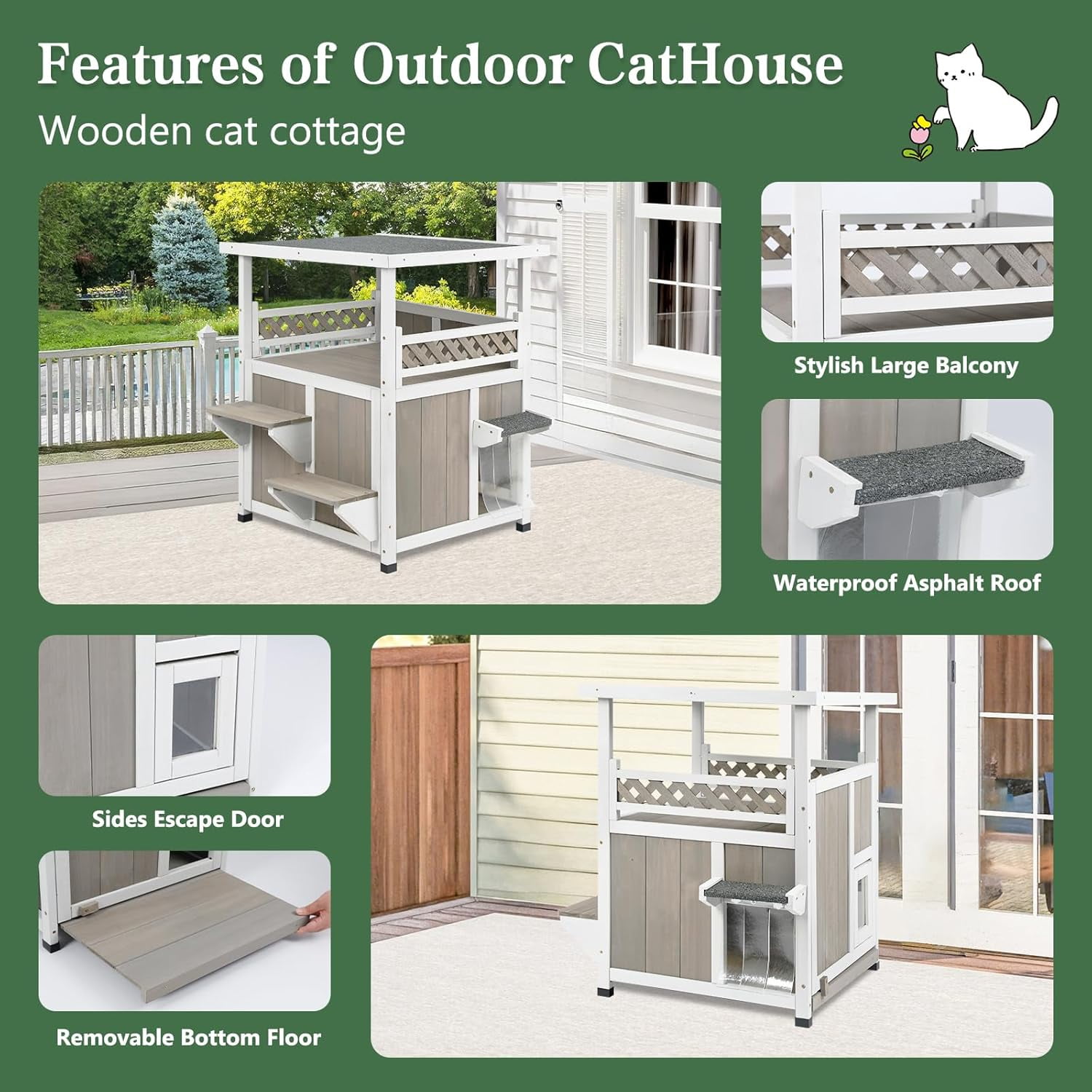 PETSCOSSET Outdoor Cat House 2 Story Wooden Houses for Outside Feral Cats