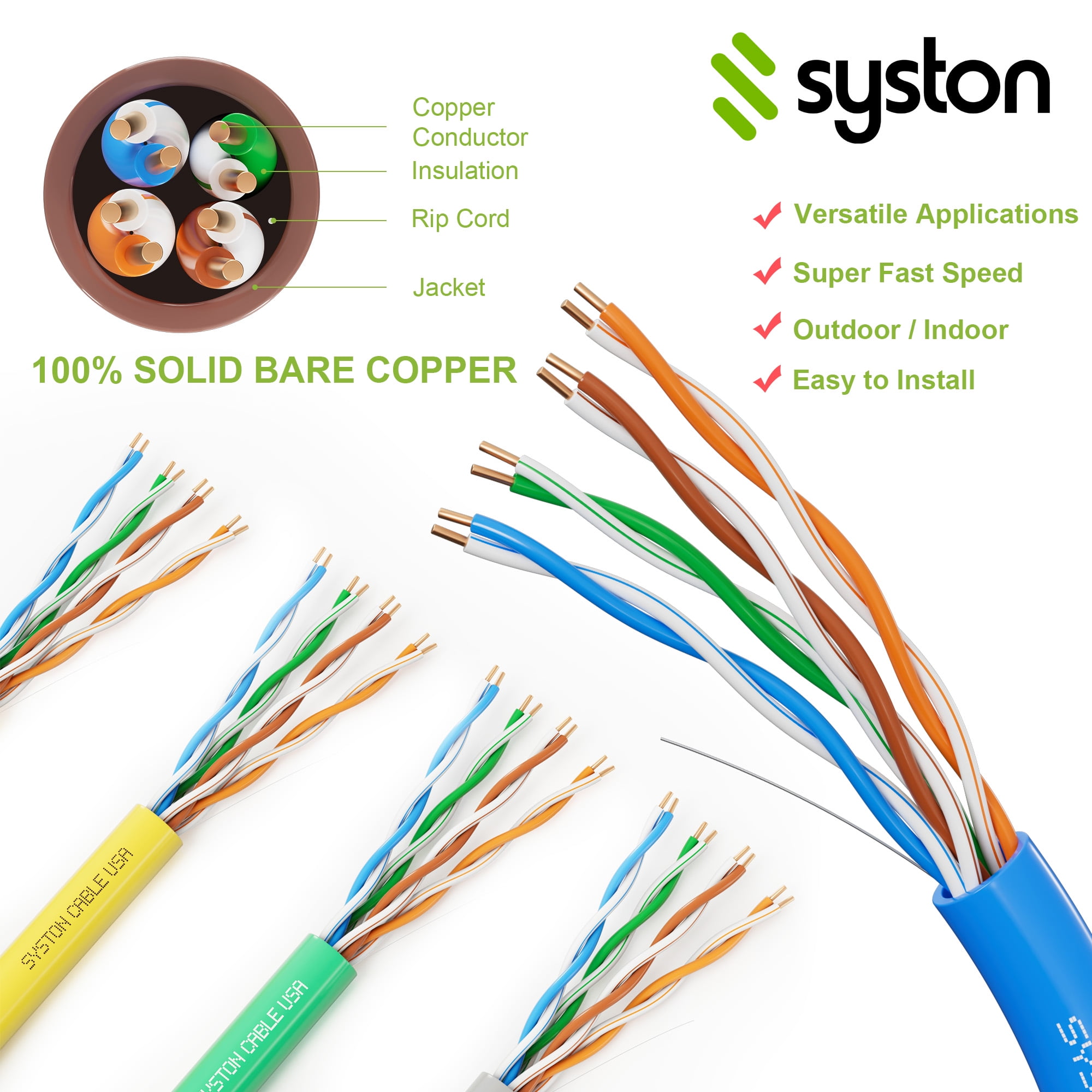 SYSTON CABLE TECHNOLOGY Cat 5e Ethernet Network Cable - 20 FT, 350MHz 24AWG Solid Bare Copper Wire Outdoor/Indoor, Bulk No Ends 10 Ft to 1000 Ft Available, Heat Resistant Plenum Rated - CMP
