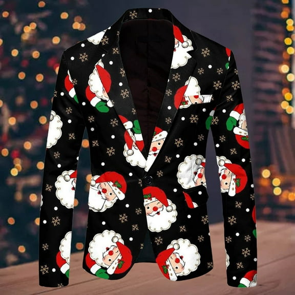 FAOWME Men's Christmas Suit Jacket Long Sleeved Lapel Buttons Xmas Printed Fashion Comfortable Coats Tops For Holiday Daily Wear Black L